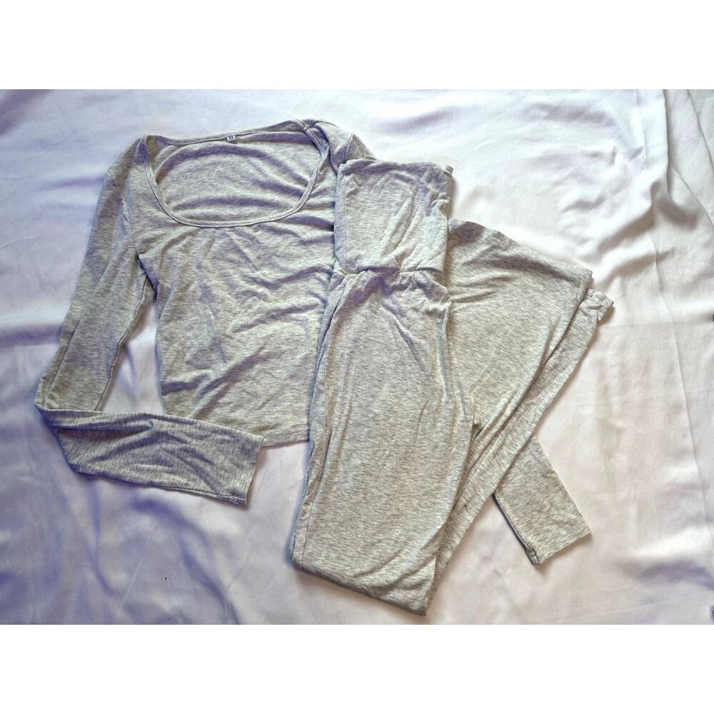 Women's Two Piece Gray Lounge Set | Long Sleeve Crop | Fold Over Flare Pants